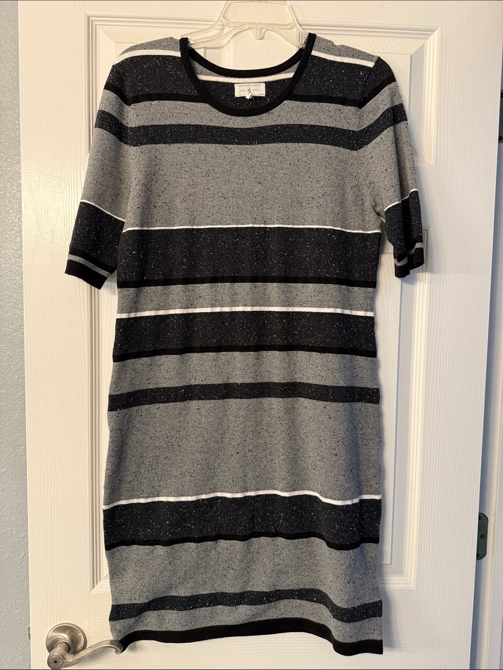 Lou & Grey Gray and Black Striped Short Sleeve Knit Dress